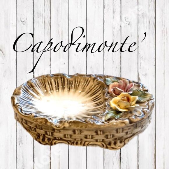 Vintage Capodimonte Oval Dish Ornatr Basket Weave Roses Trinket Candy Dish 9x5.5 - Picture 2 of 16